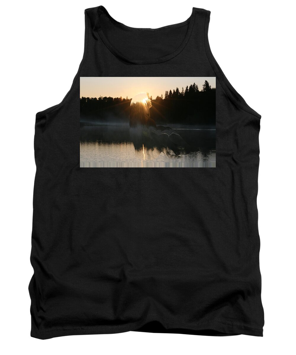 Water Lake Woman Sunrise Sky Scape Nature Forest Trees Evergreens Nude Blond Lady Tank Top featuring the photograph Energized by Andrea Lawrence