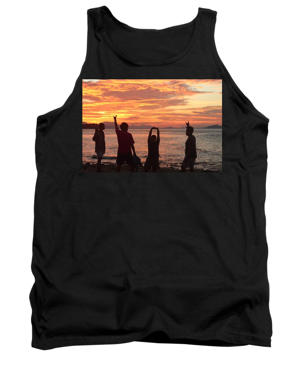 Sunrise Sea Island Smile Friends Bestfriend Trip Traveling Beach Funny Laugh Lifestyle Men Young Freedom Indonesia Camping Goodvibe Vitaminsea Morning Sunlight Tank Top featuring the photograph Enjoying Sunrise With Friends by Arvy Weindo Sianturi