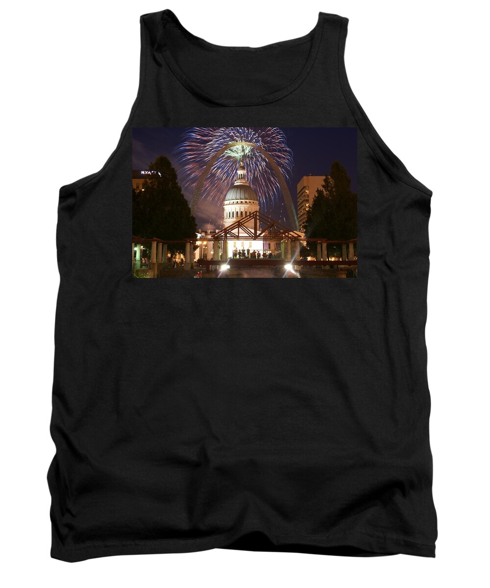Saint Louis Tank Top featuring the glass art Fireworks at the Arch 1 by Marty Koch