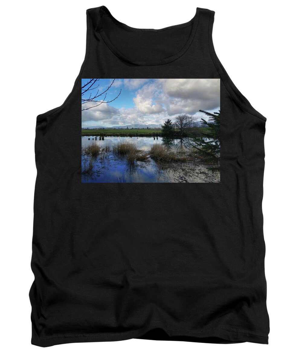 Landscape Tank Top featuring the photograph Flooding River, Field and Clouds by Chriss Pagani