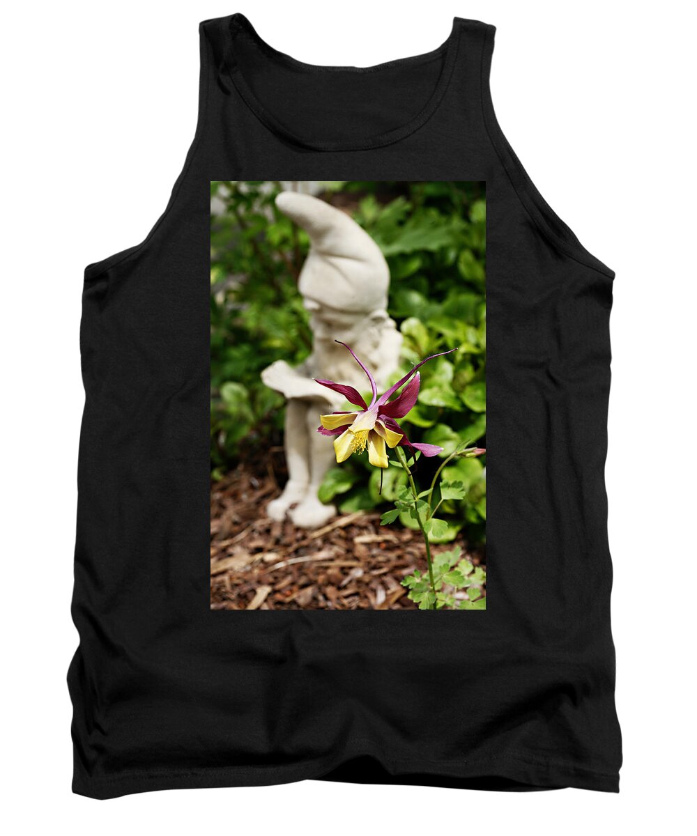 Flower Tank Top featuring the photograph Gnome and Columbine by Marilyn Hunt