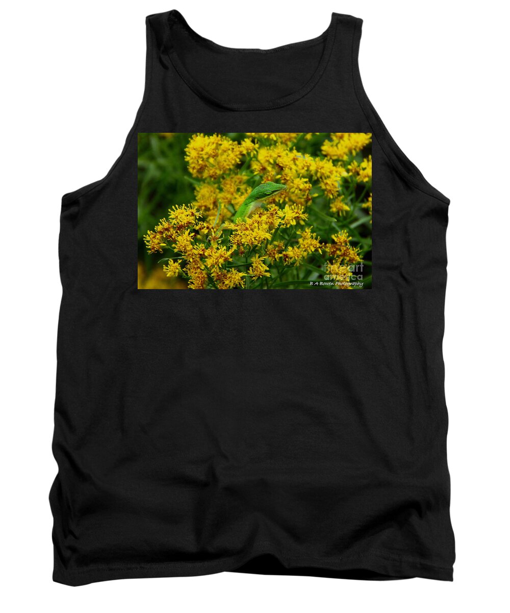 Green Anole Tank Top featuring the photograph Green Anole hiding in Golden rod by Barbara Bowen