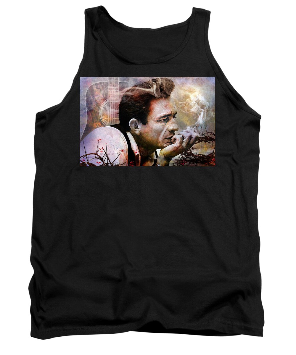 Johnny Cash Tank Top featuring the mixed media I Focus on the Pain by Mal Bray