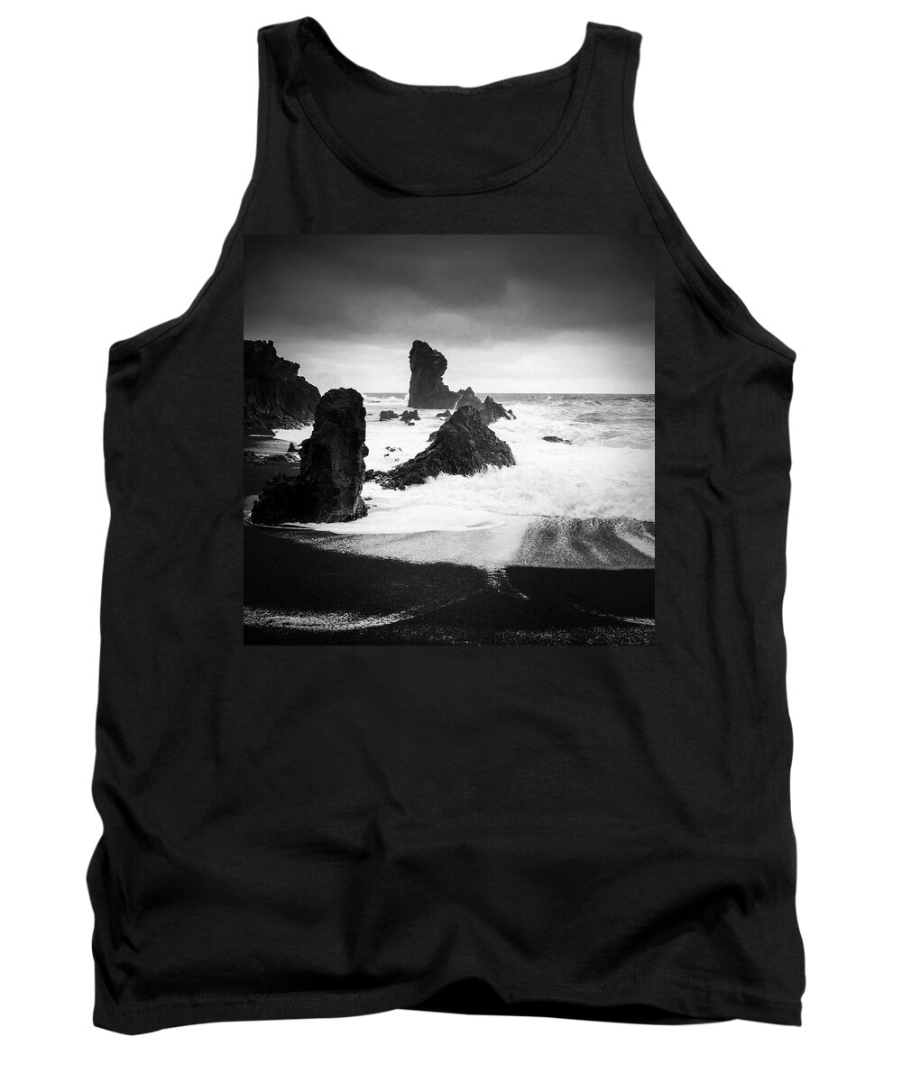 Iceland Tank Top featuring the photograph Iceland Dritvik beach and cliffs dramatic black and white by Matthias Hauser