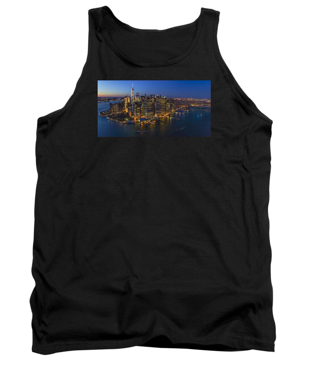 Aerial View Tank Top featuring the photograph Illuminated Lower Manhattan NYC by Susan Candelario