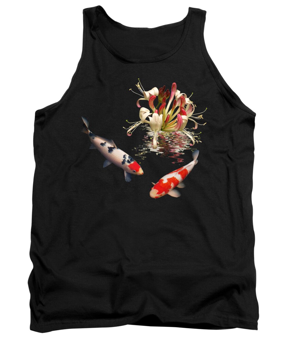 Fish Tank Top featuring the photograph Koi With Honeysuckle Reflections Square by Gill Billington