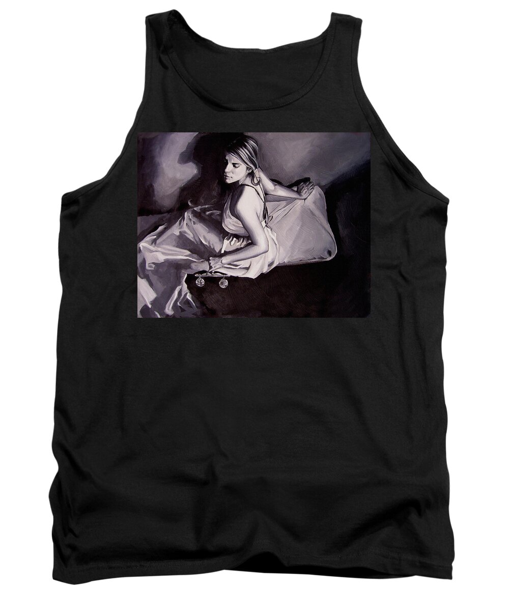 Law Art Tank Top featuring the painting Lady Justice black and white by Laura Pierre-Louis