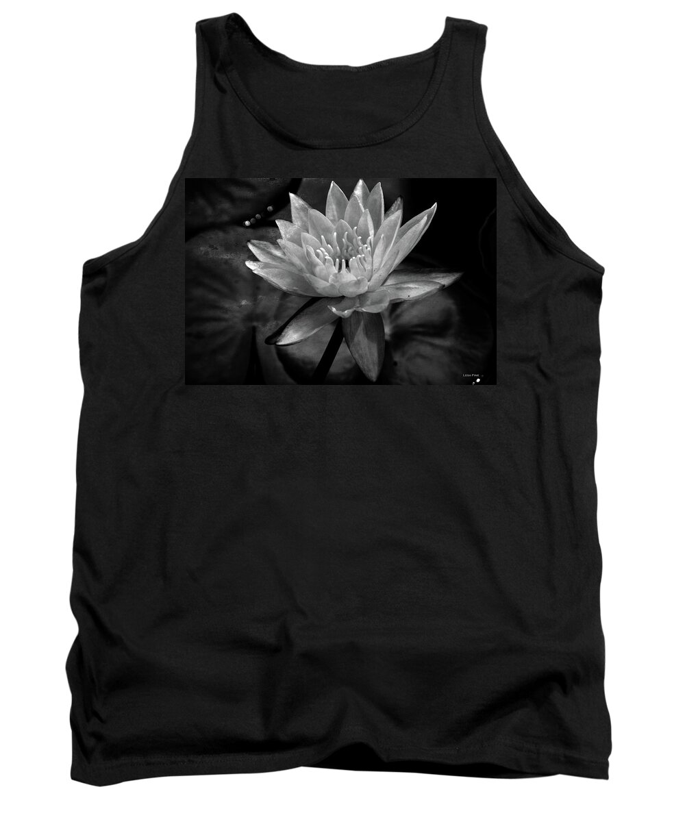 Water Lily Tank Top featuring the mixed media Moonlit Water Lily BW by Lesa Fine