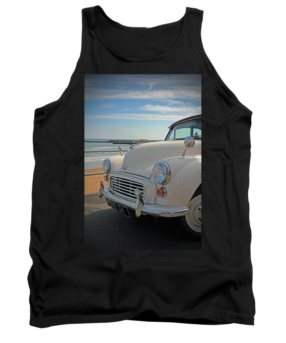 Morris Minor Tank Top featuring the photograph Morris Minor at the Beach by Ruth Parsons