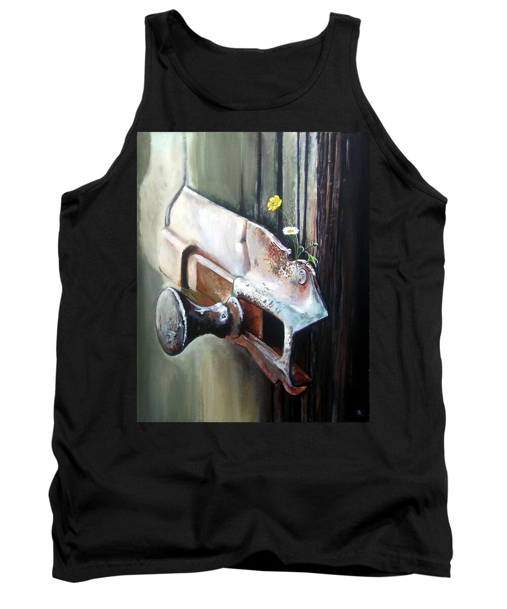 Rusty Old Flowers Buttercup Dasiy Green Wood Tank Top featuring the painting Old and Rusty by Arie Van der Wijst
