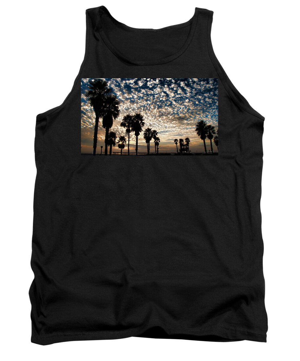 Beach Shadow Sunset Pier Clounds Tank Top featuring the photograph Palm tree silhouette by Wendell Ward