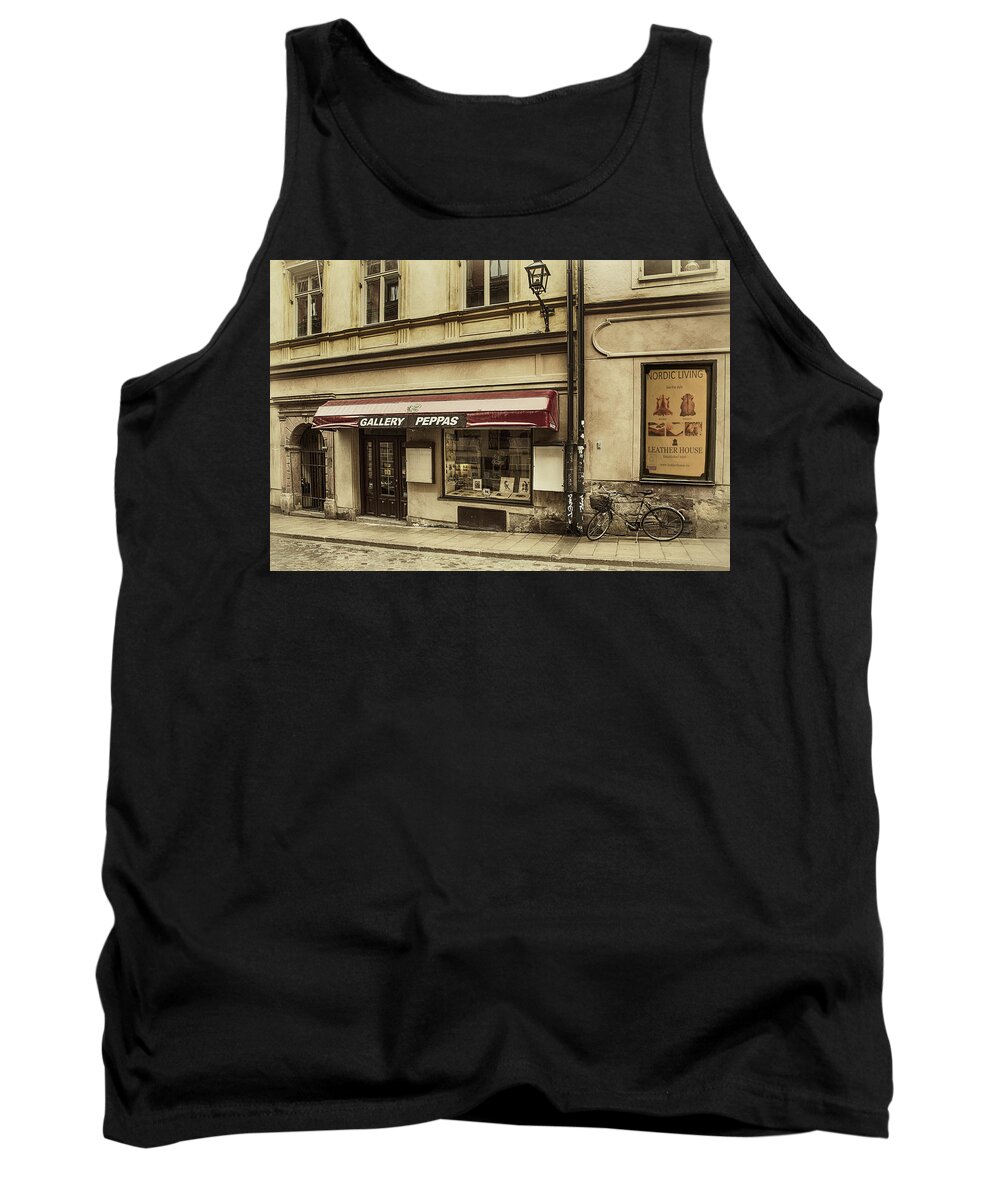 Stockholm; Sweden; Gallery; Art Gallery; Bike; Bicycle; Street; Europe Tank Top featuring the photograph Parked By A Gallery by Mick Burkey