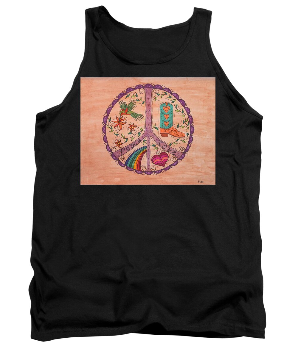 Peach Tank Top featuring the painting Peace and Love Western Style by Susie WEBER