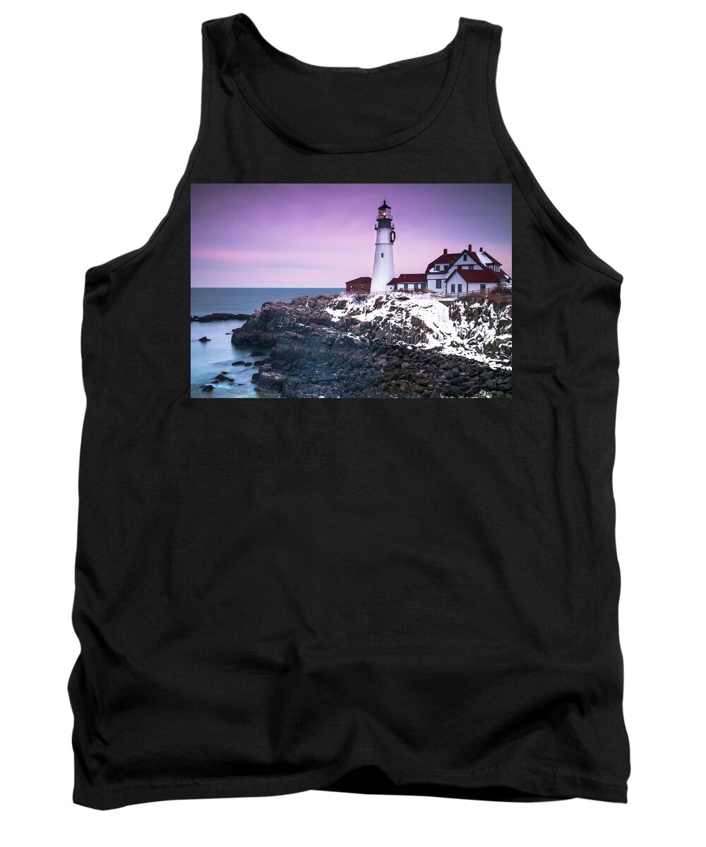 Maine Tank Top featuring the photograph Maine Portland Headlight Lighthouse in Winter Snow by Ranjay Mitra