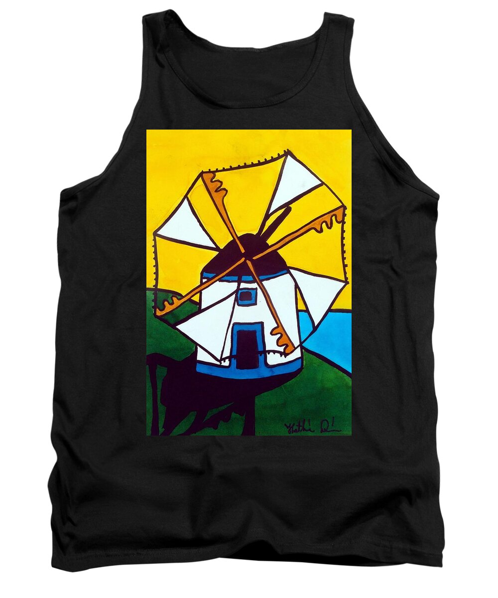 Windmill Tank Top featuring the painting Portuguese Singing Windmill by Dora Hathazi Mendes by Dora Hathazi Mendes