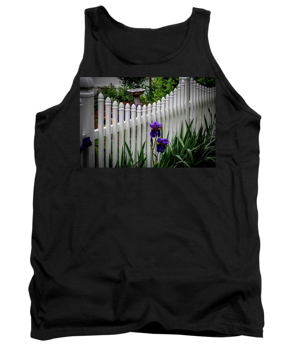 Fence Tank Top featuring the digital art Purple Iris and the Fence by Ed Stines