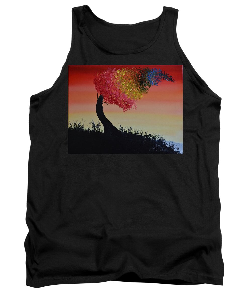 An Abstract Oil Painting Of A Tree Bending In The Wind. The Leaves Are Different Colors To Represent A Rainbow. Tank Top featuring the painting Rainbow Tree by Martin Schmidt