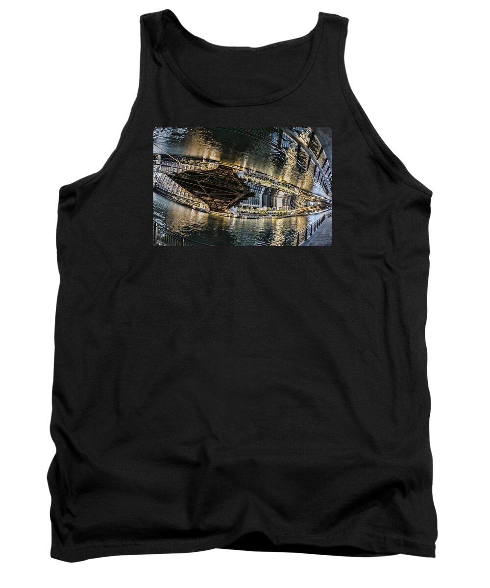 River Tank Top featuring the photograph reflection fisheye on the Chicago River by Sven Brogren