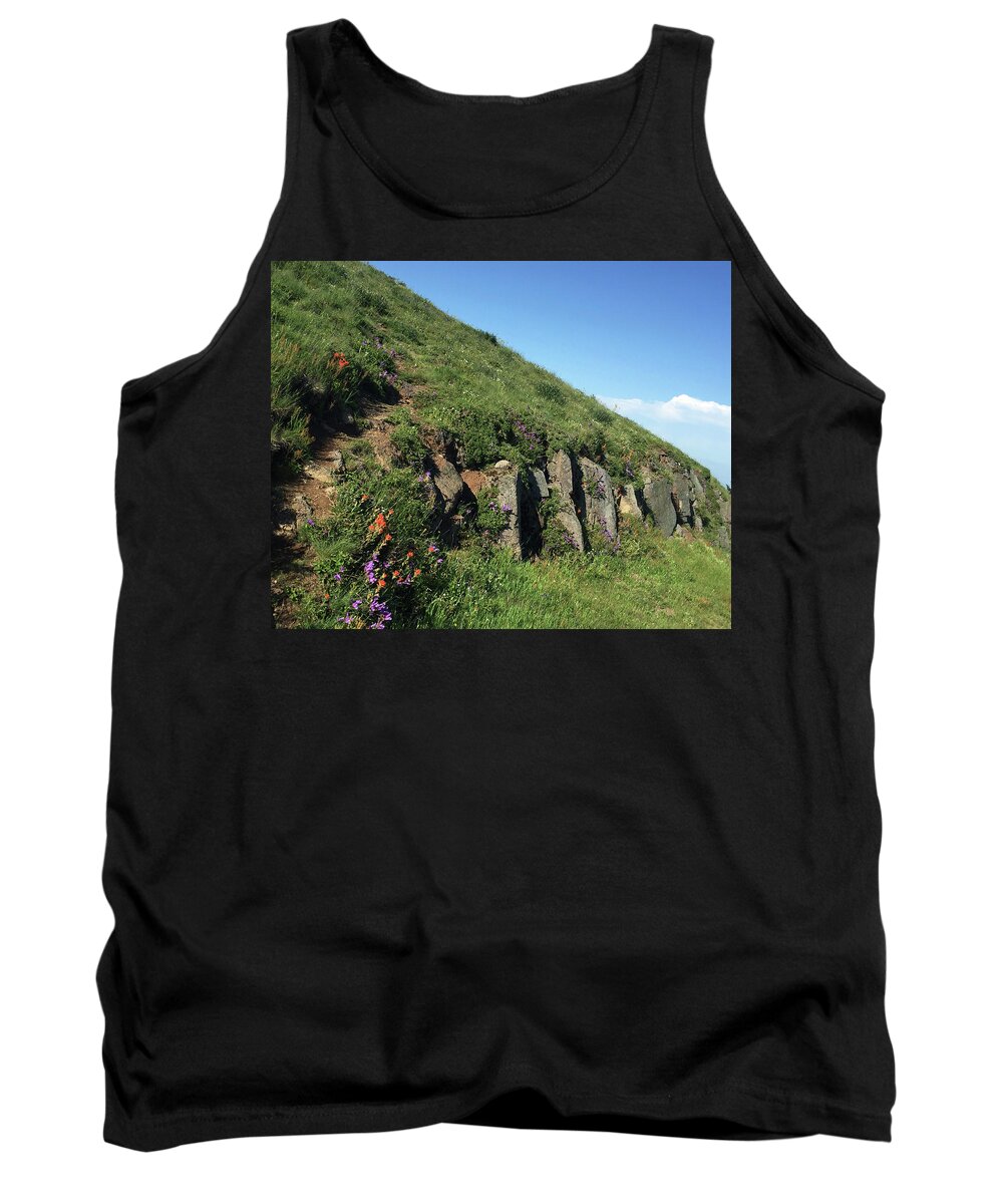 Mary's Peak Tank Top featuring the photograph Rocks, flowers, and hillside by Paula Joy Welter