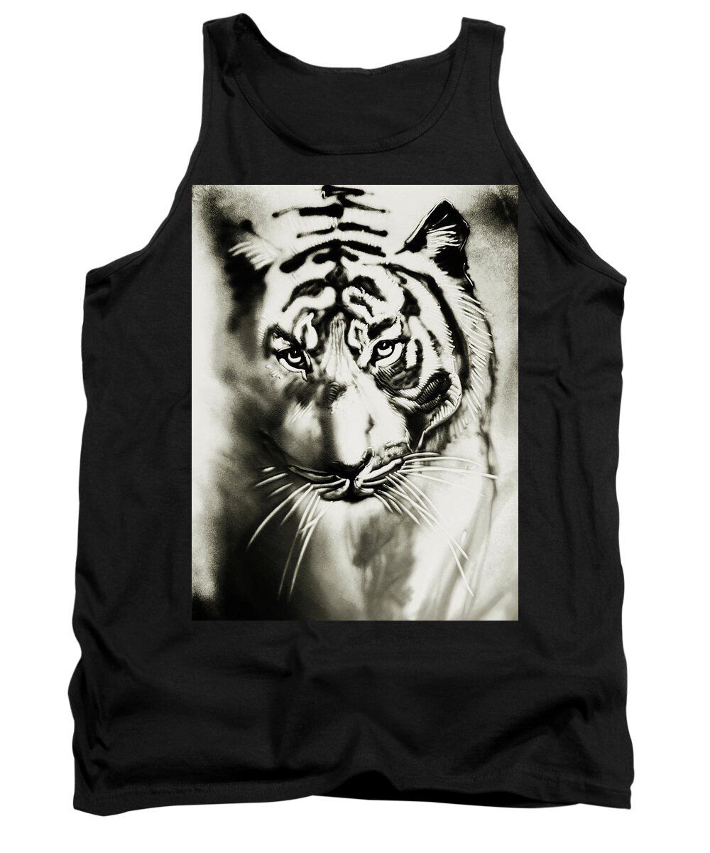 Russian Artists New Wave Tank Top featuring the mixed media Sandy Tiger by Elena Vedernikova
