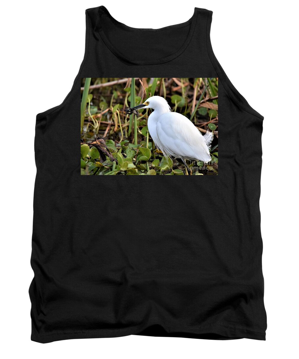 Snowy Egret Tank Top featuring the photograph Snowy Egret With A Frog by Julie Adair
