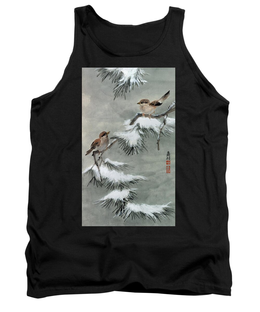 Snow Pine Tank Top featuring the painting Sparrows on Snowy Pine by Charlene Fuhrman-Schulz