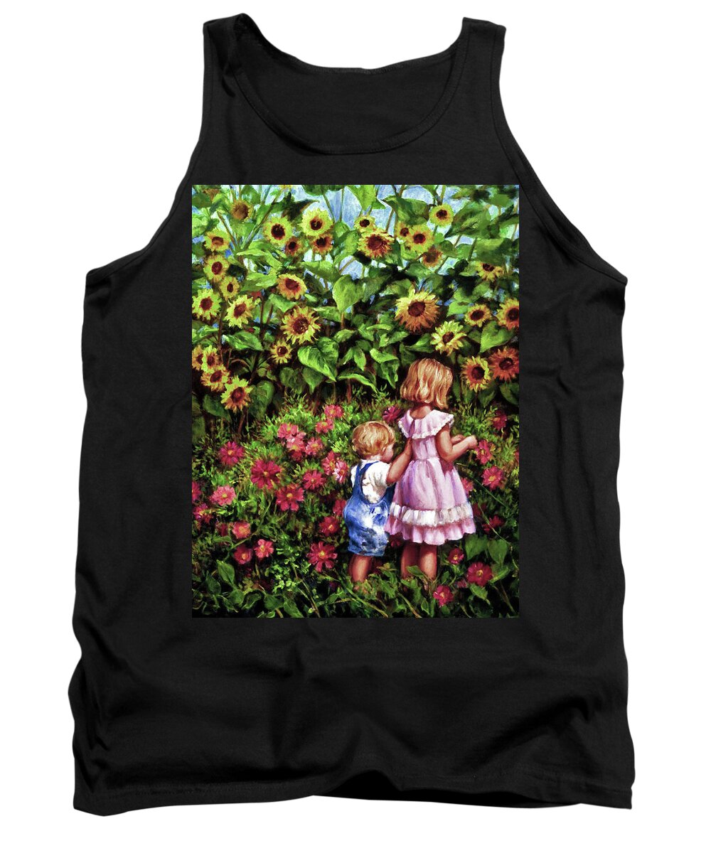 Children With Sunflowers Tank Top featuring the painting Sunflower Garden by Marie Witte