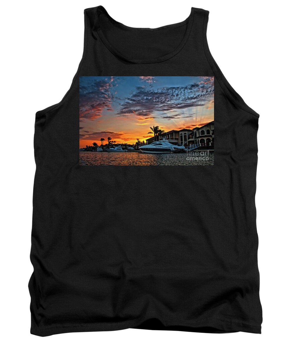 Sun Rays Tank Top featuring the photograph Sunrays Sunset over Huntington Harbour by Peter Dang