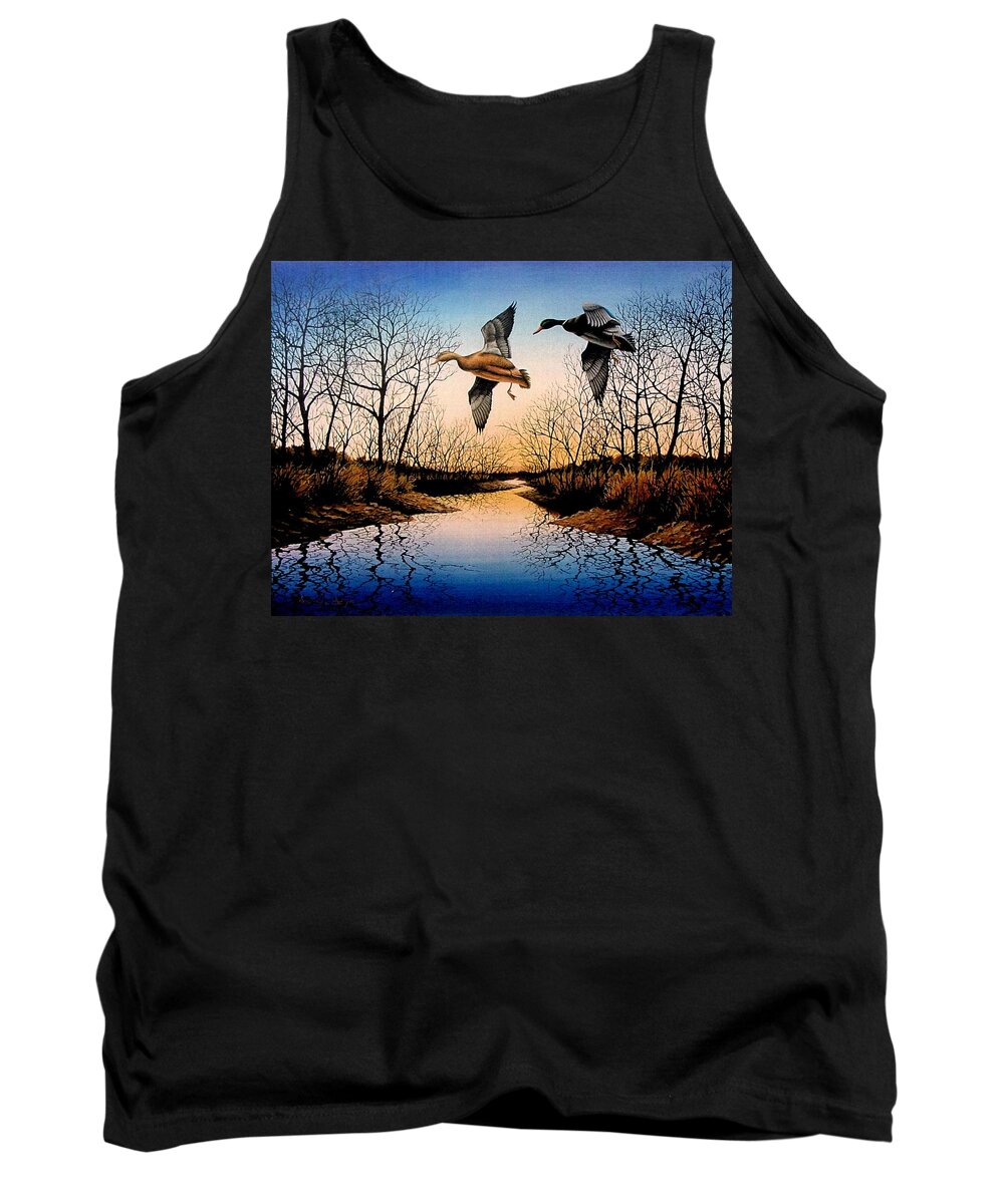 Ducks Tank Top featuring the painting Sunset Mallards by Anthony J Padgett