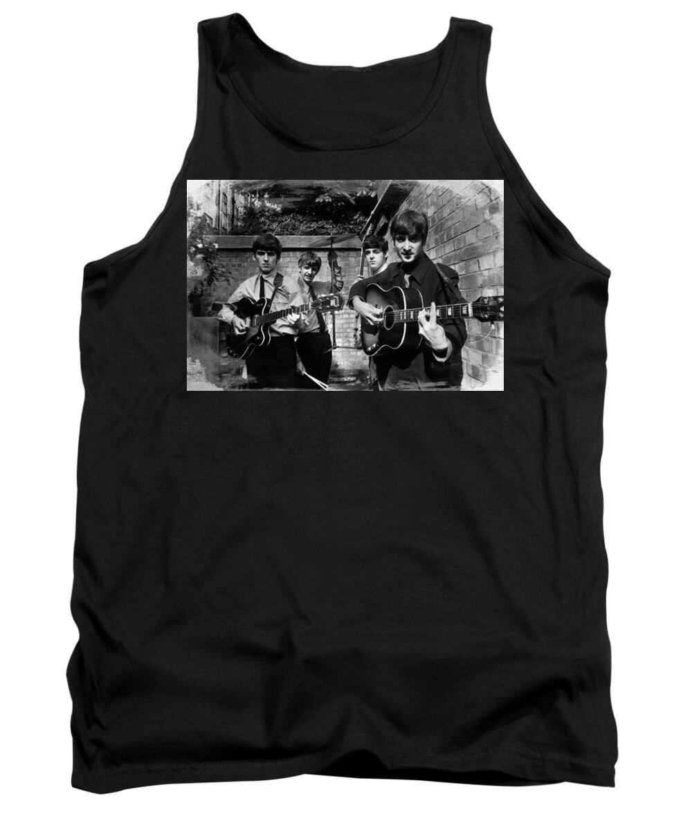The Beatles Tank Top featuring the painting The Beatles In London 1963 Black And White Painting by Tony Rubino