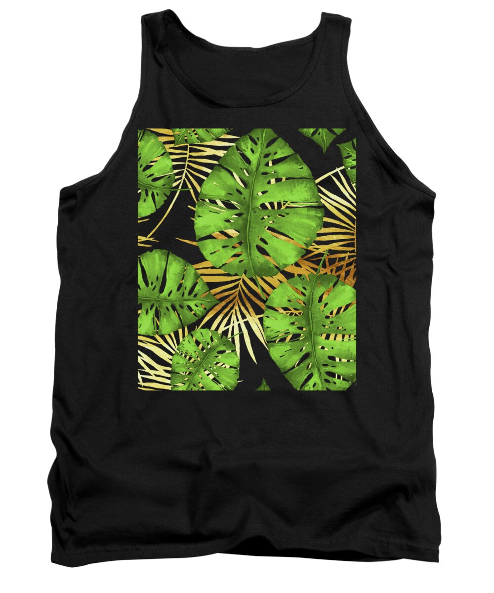 Gold Tank Top featuring the digital art Tropical Haze Noir green monstera leaves, golden palm fronds on black by Tina Lavoie