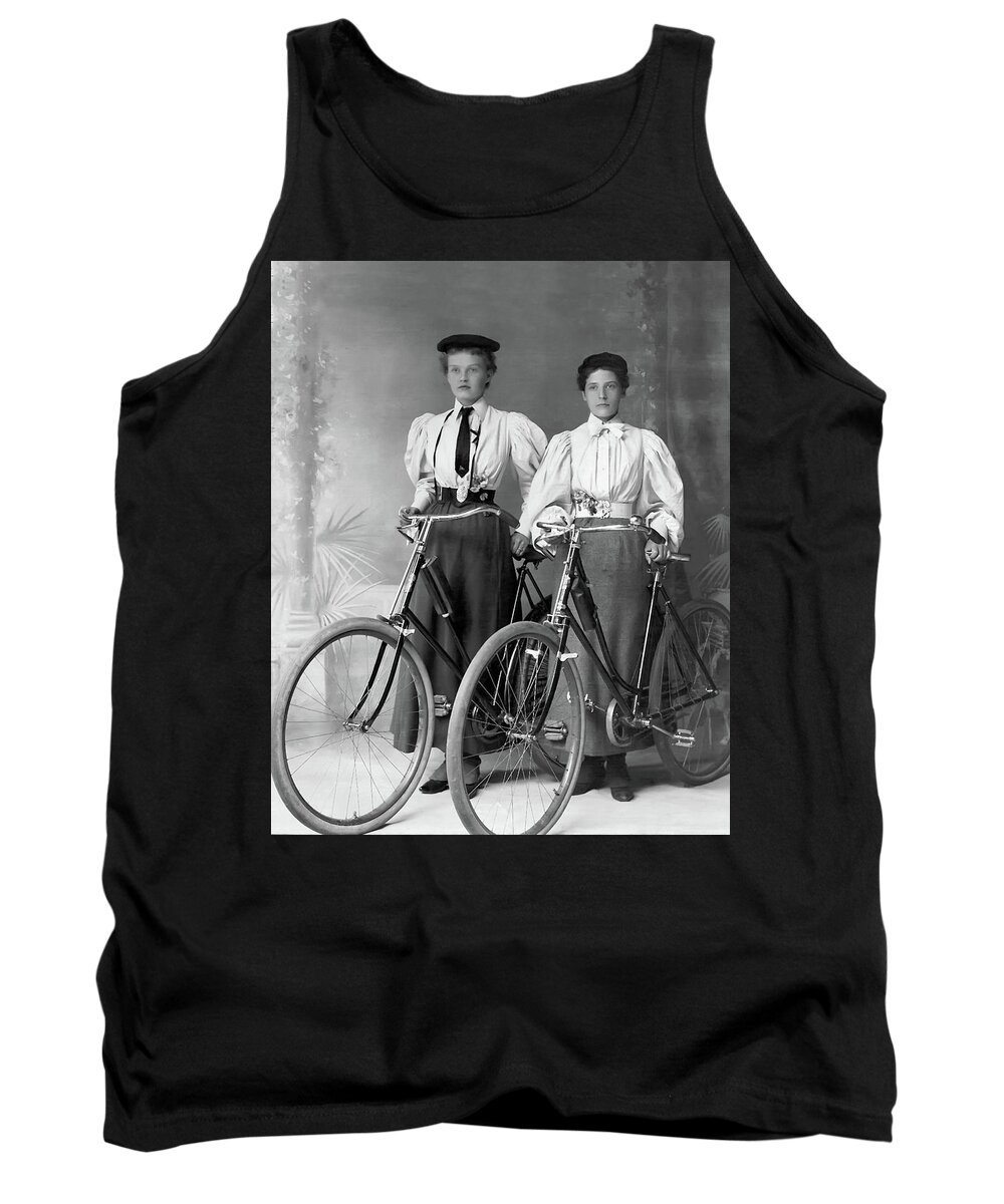 Gift Tank Top featuring the photograph Two Young Ladies with their Bicycles circa 1895 by Anthony Murphy