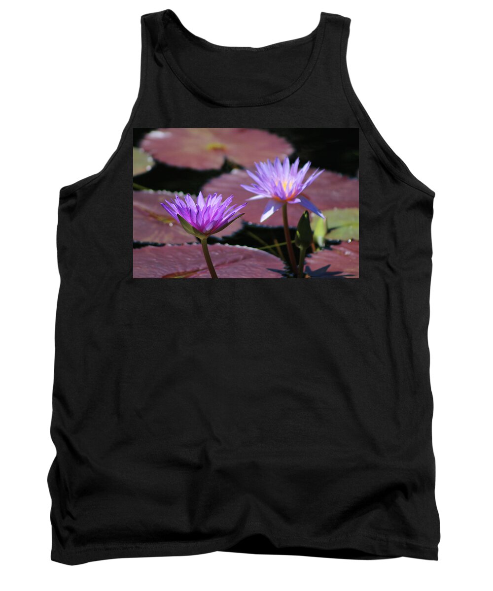 Blue Lotus Flower Tank Top featuring the photograph Ultraviolet Lotus Flower on Burgundy Lily Pads by Colleen Cornelius