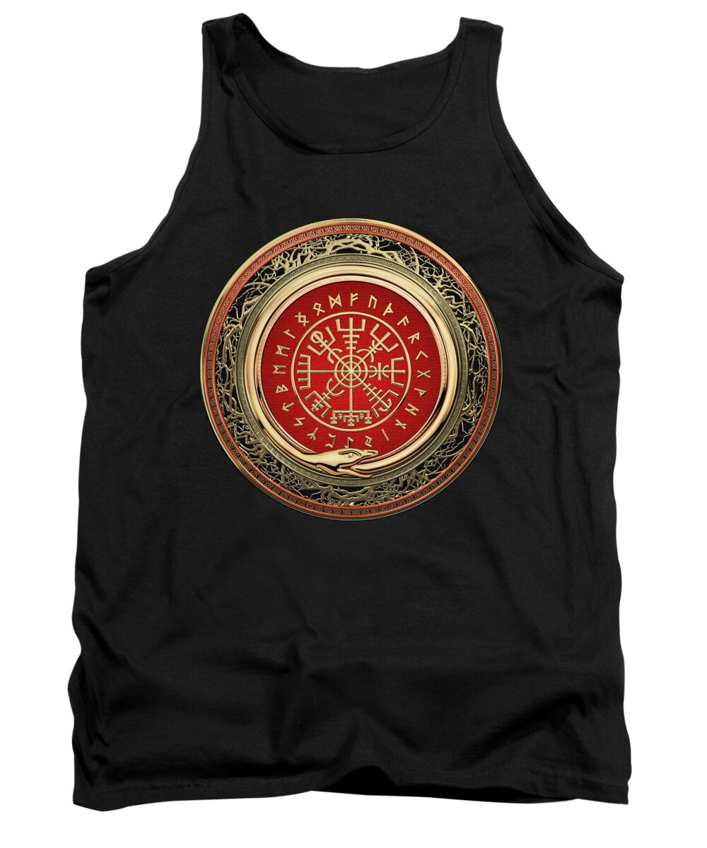 'viking Treasures' By Serge Averbukh Tank Top featuring the digital art Vegvisir - A Gold Magic Viking Runic Compass on Black Leather by Serge Averbukh