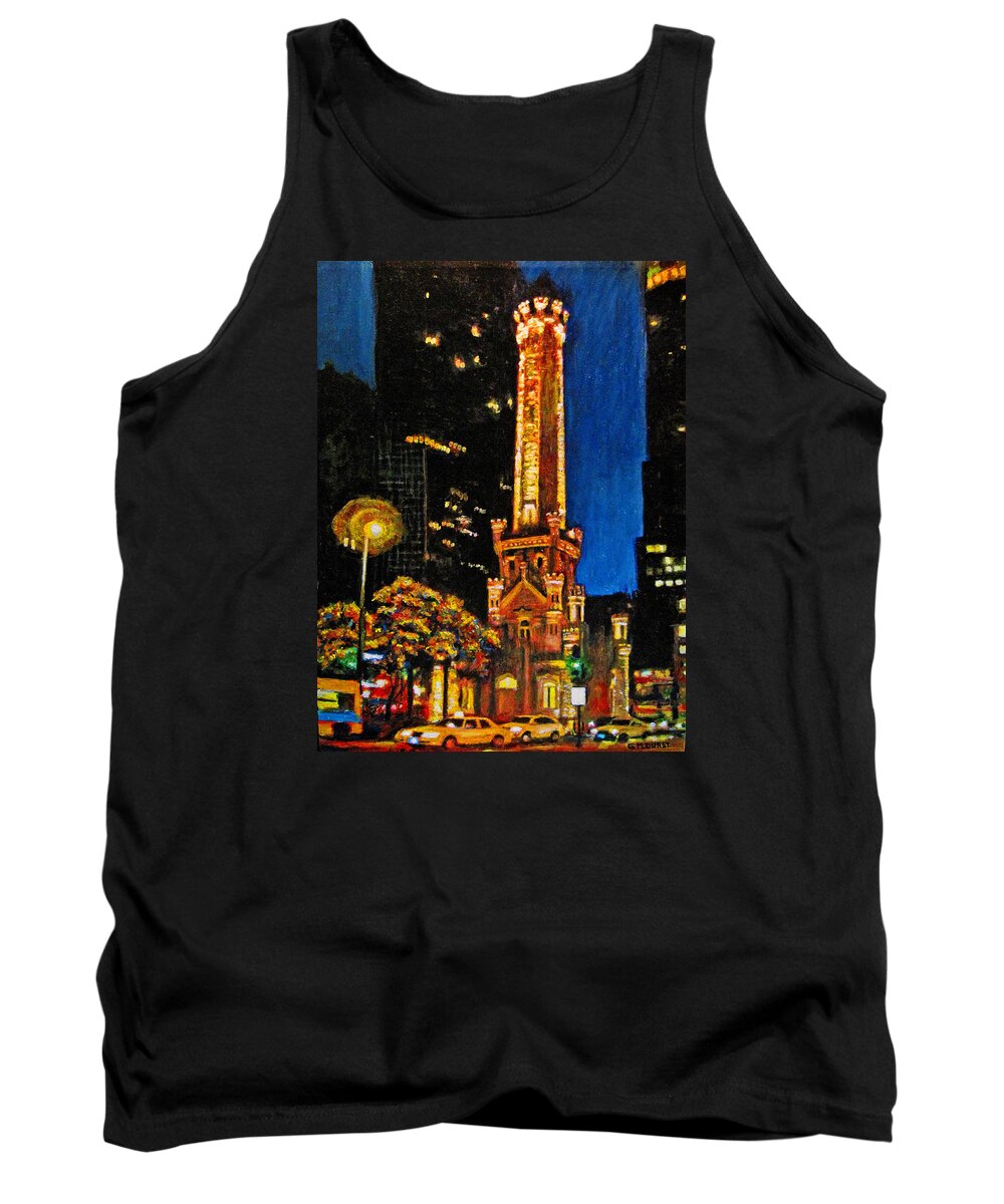 Water Tower Tank Top featuring the painting Water Tower at Night by Michael Durst