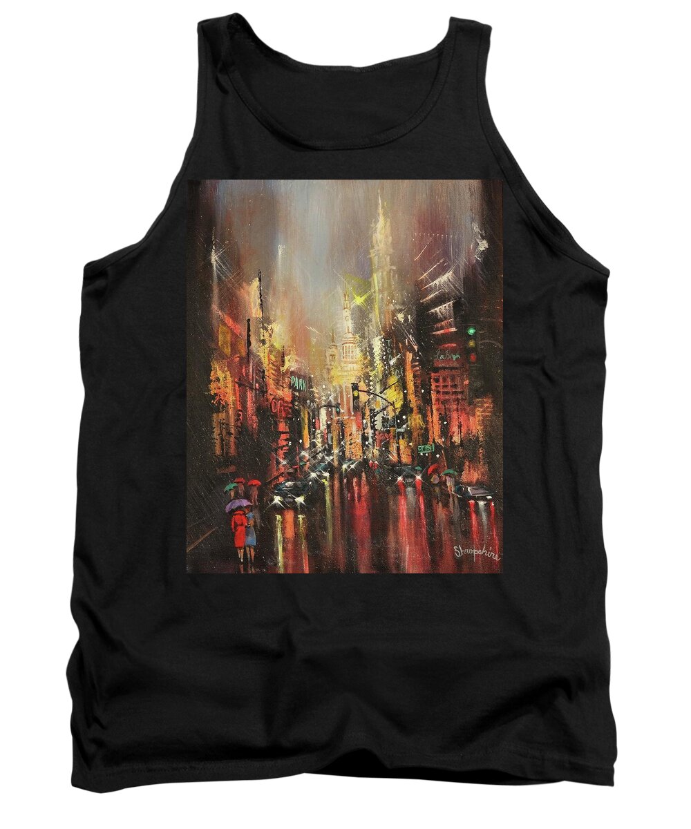 City Rain Tank Top featuring the painting Wet Streets by Tom Shropshire