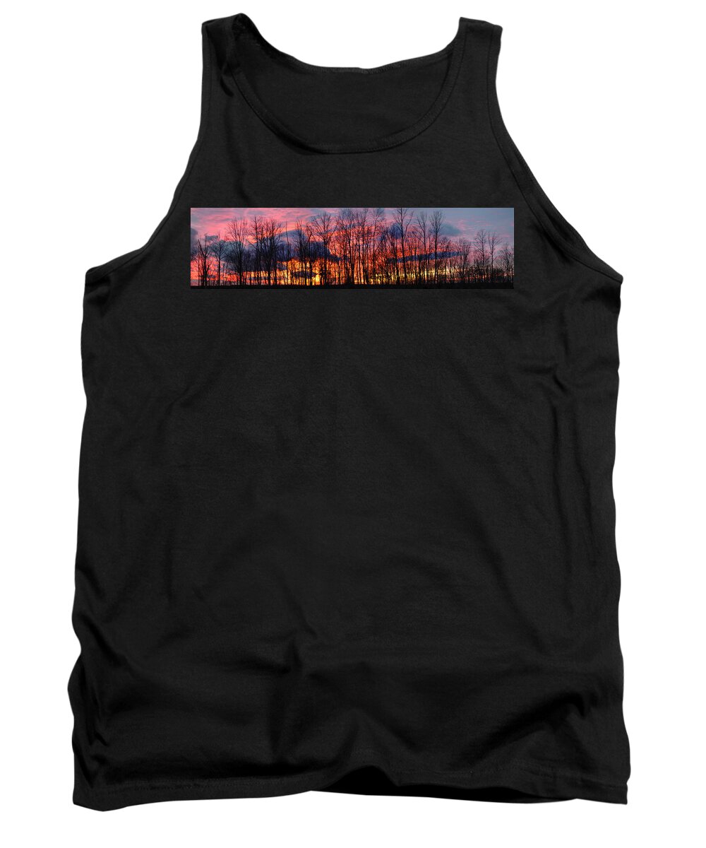 Atmosphere; Beauty; Clear; Climate; Cloud; Cold; Dawn; Dusk; Forest; Landscape; Nature; North; Outdoors; Park; Rural; Scene; Scenic; Season; Silence; Silhouette; Sky; Space; Sun; Sunlight; Sunrise; Sunset; Tranquil; Tree; Brilliant; Country; Countrys Tank Top featuring the photograph Winter Sunset Panorama by Frances Miller
