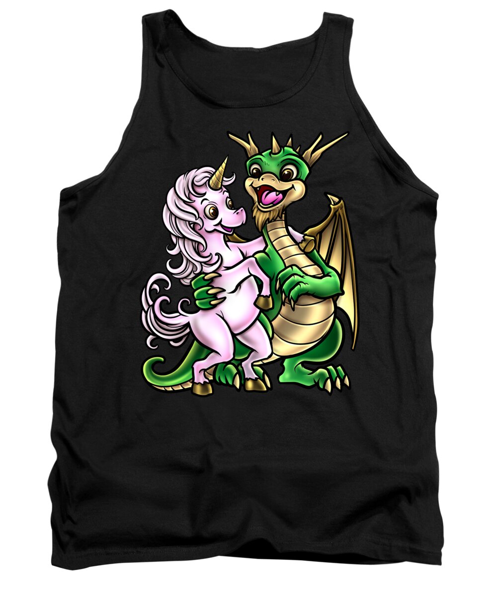 Mythical Creature Tank Top featuring the digital art Dragon And Unicorn Friendship Embrace Creature #1 by Mister Tee