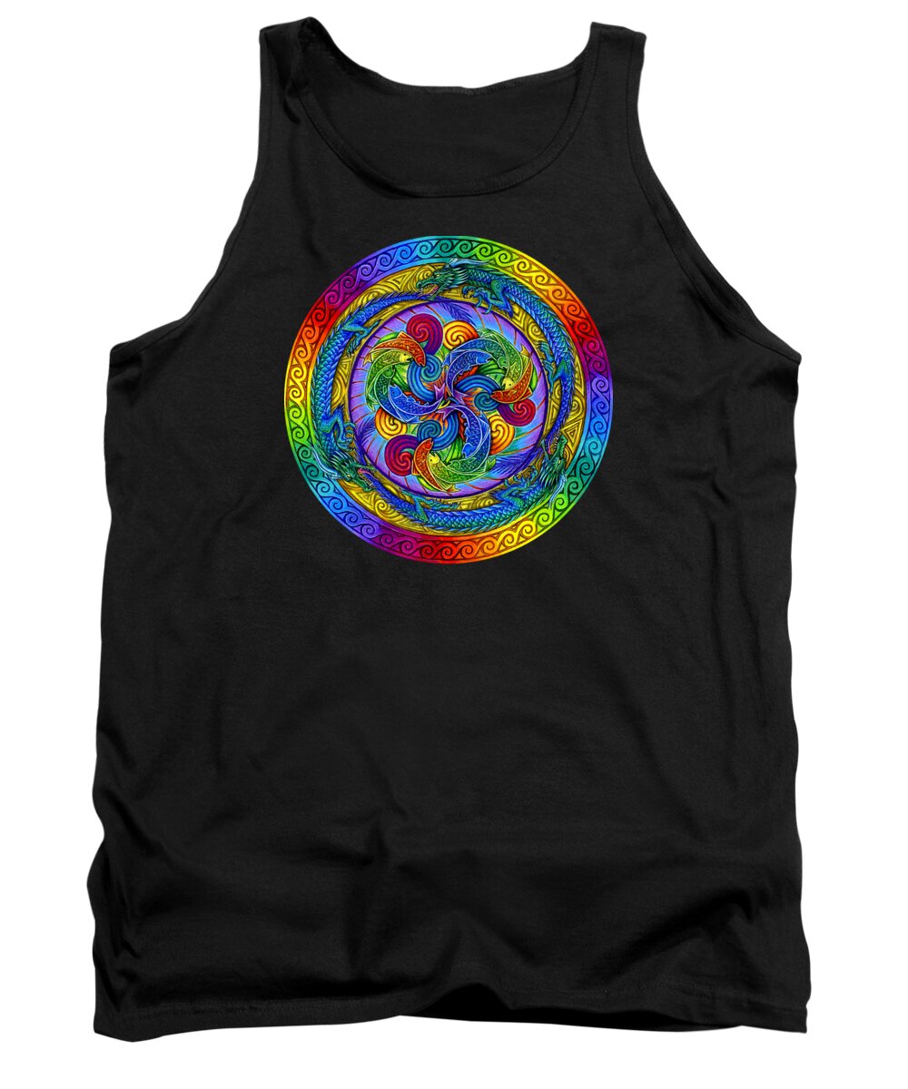 Dragon Tank Top featuring the drawing Psychedelic Dragons Rainbow Mandala by Rebecca Wang