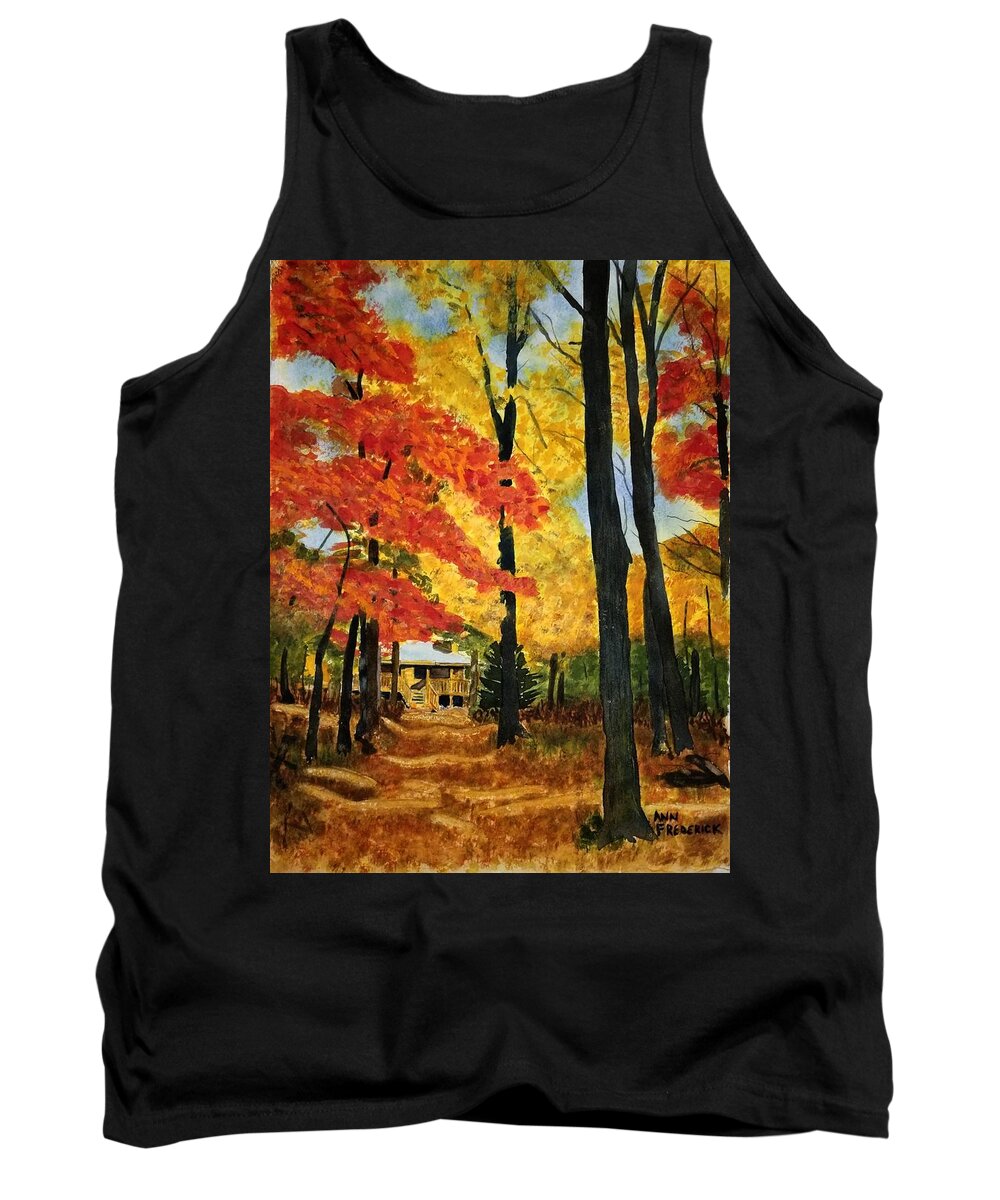 Cabin Tank Top featuring the painting Autumn's Lane by Ann Frederick