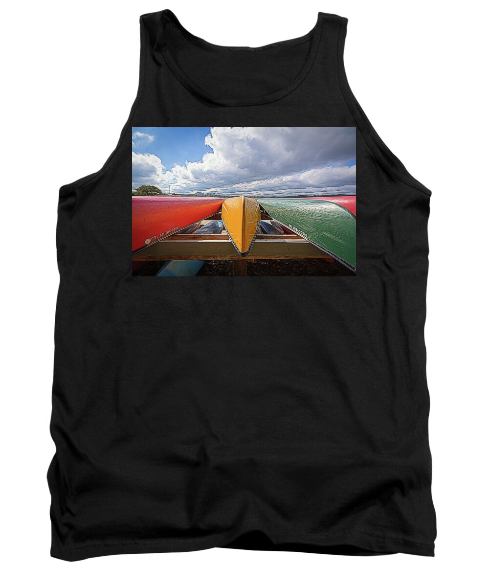 Lake Crabtree Tank Top featuring the photograph Canoes and Clouds by Wade Brooks