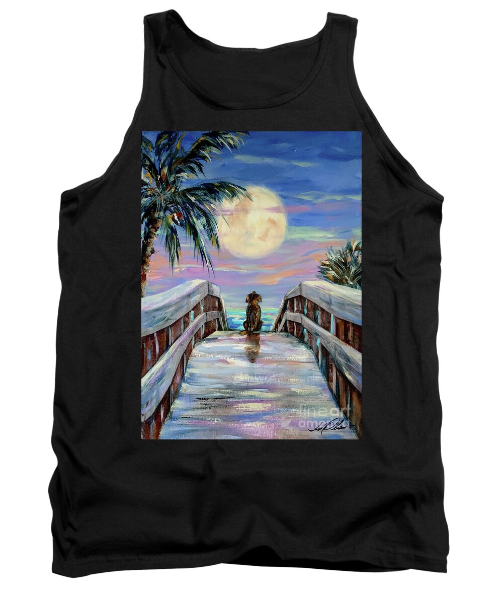 Dog Tank Top featuring the painting Dog and Moon by Linda Olsen