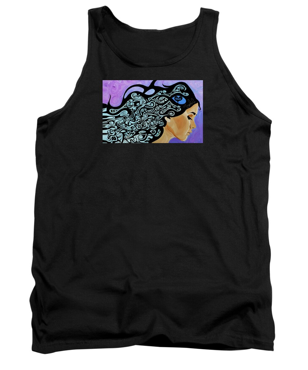 Hair Tribal Woman Lady Female Girl Beauty Makeup Beautiful Purple Pink Love Colorful Abstract Contrast Sad Happy Flow Color Tank Top featuring the painting Forever Love by Sergio Gutierrez