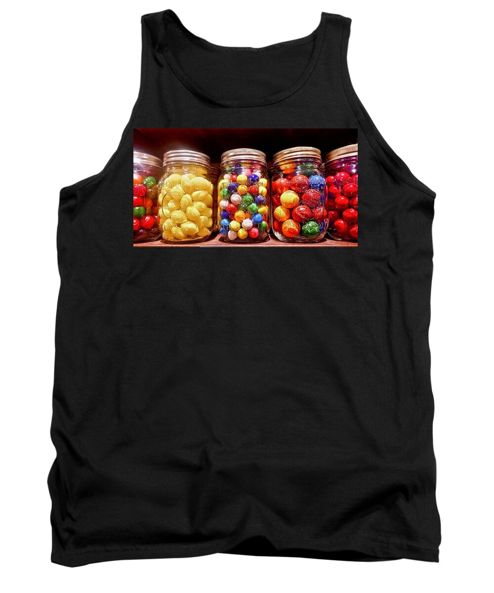 Colorful Candy In Mason Jars. Red Jaw Breakers Candy Tank Top featuring the photograph Jaw Breakers by Joan Reese