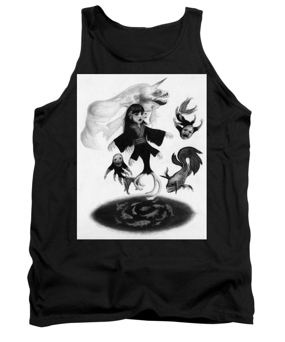Horror Tank Top featuring the drawing Keiko Among The Koi - Artwork by Ryan Nieves