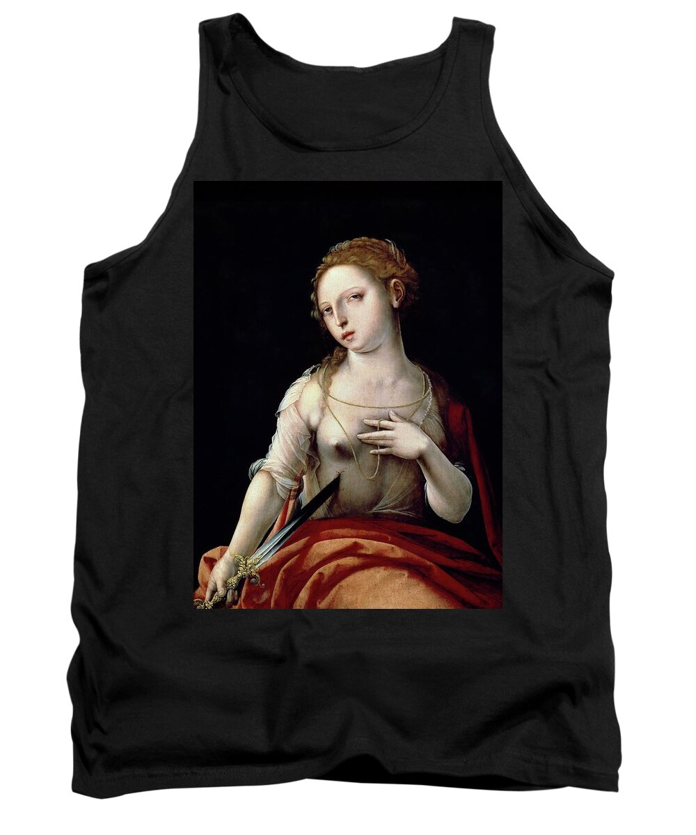 Maestro Del Papagayo Tank Top featuring the painting Maestro del Papagayo / 'The Death of Lucretia', 1501-1550, Flemish School, Oil on panel. LUCRECIA. by Maestro del Papagayo -16th cent -