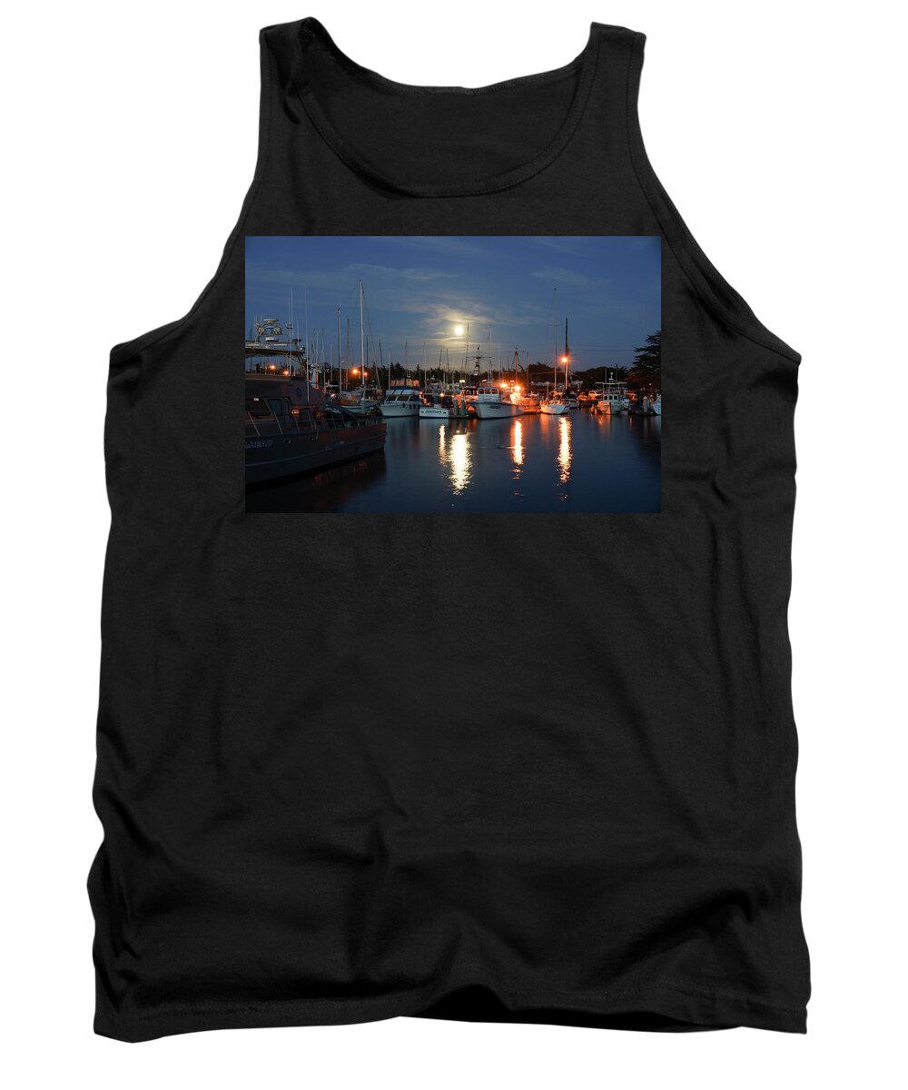 Momnterey Bay Tank Top featuring the photograph Moon Rise over Moss Landing Harbor by Donald Pash
