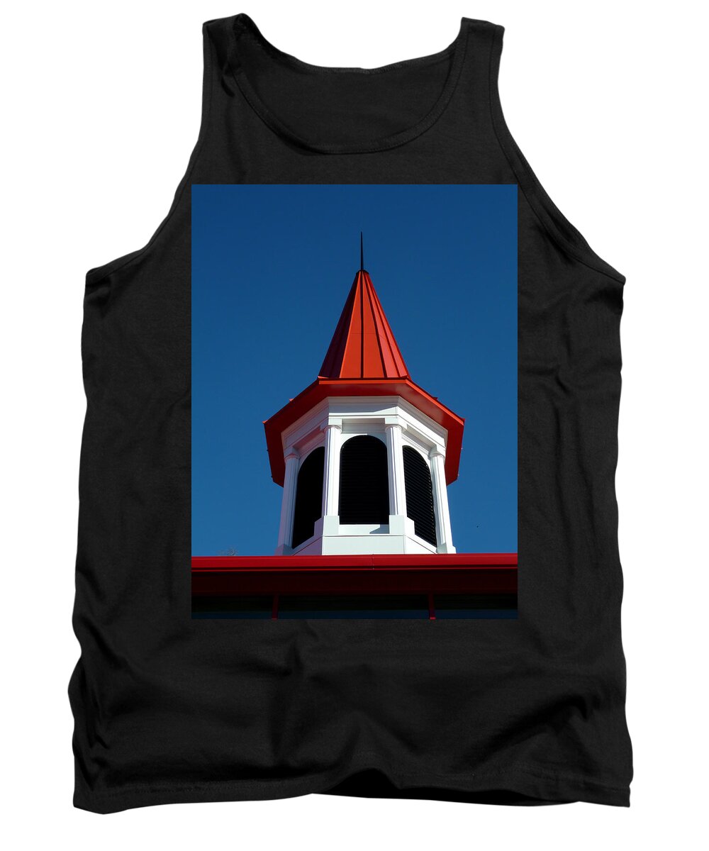 Architectural Tank Top featuring the photograph Red Spire Against Blue Sky by Mike McBrayer