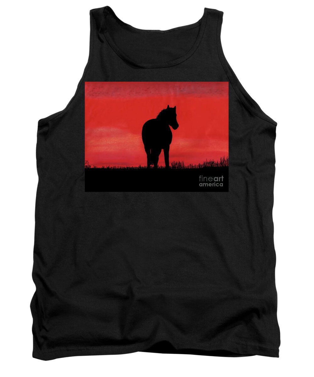 Horse Tank Top featuring the drawing Red Sunset Horse by D Hackett