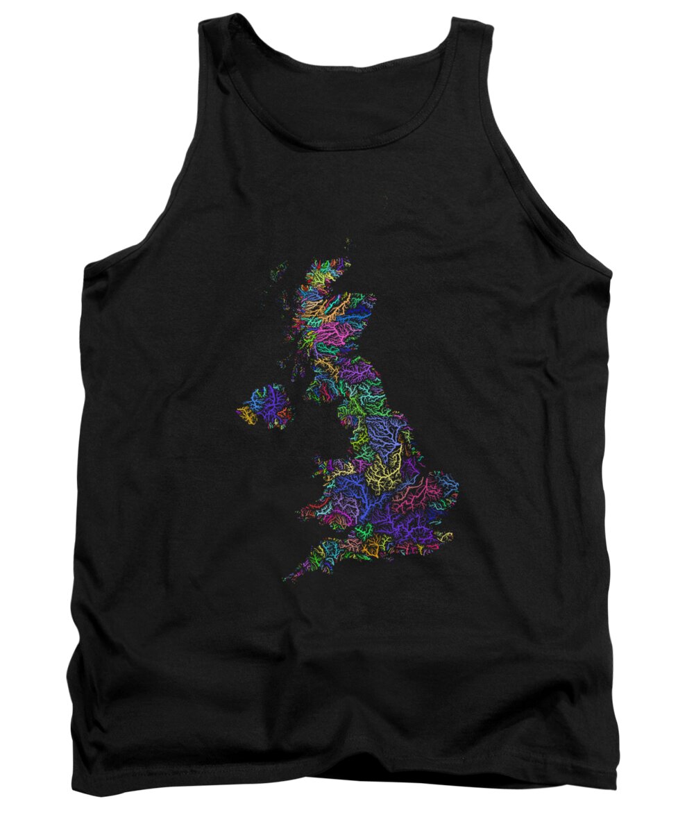 Map Print Tank Top featuring the digital art River basins of the United Kingdom in rainbow colours by Grasshopper Geography